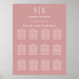 Stofróze Monogram Huwelijks Zitplaatskaart Poster