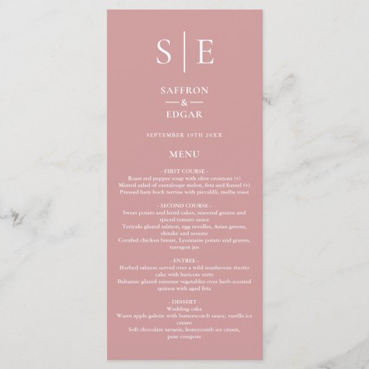 Stofróze Monogram Huwelijksdiner Menu (Voorkant)