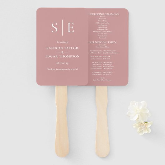 Stofróze Monogram Huwelijksprogramma Handwaaier (Voorkant en achterkant)