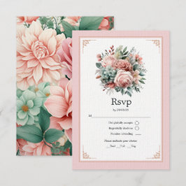 Stofróze, Muntgroene en Blush Bloemige Bruiloft RSVP Kaartje