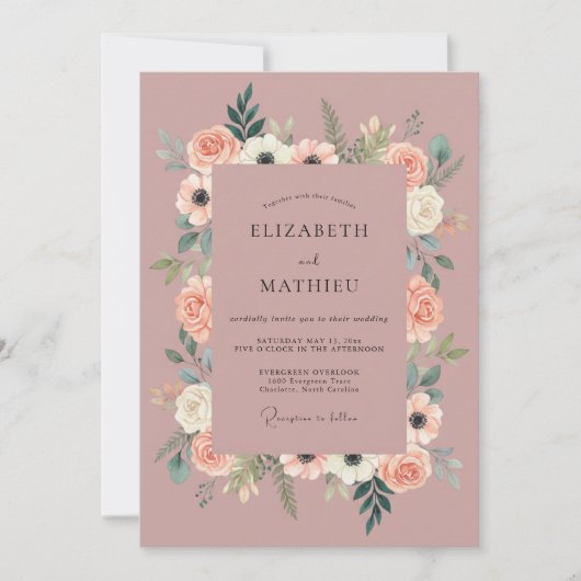 Stofróze Romantische Botanische Bruiloft Kaart (Voorkant)