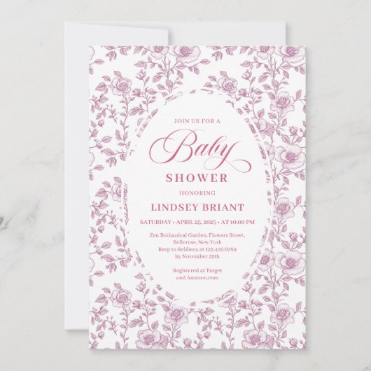 Stofróze Roos Patroon Roze Baby Shower Uitnodiging (Voorkant)