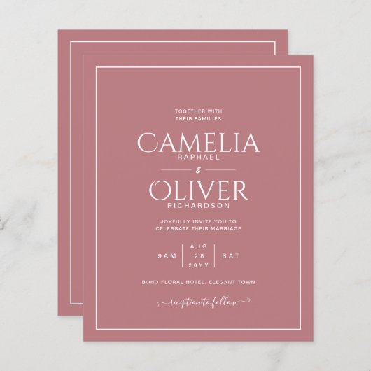 Stofróze roze all-in-1 bruiloft met RSVP (Voorkant / Achterkant)