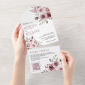 Stofroze Roze Bloem QR Code Bruiloft All In One Uitnodiging (Afscheurbaar)