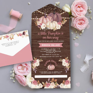 Stofroze Roze Bloemige Houten Pompoen Baby Shower All In One Uitnodiging