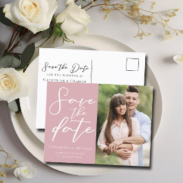 Stofróze Roze Koppel Foto Bewaar de Datum Aankondigingskaart