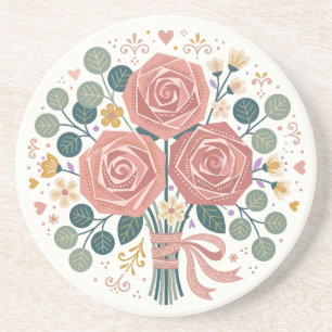 Stofroze Roze Roos Folk Art Boeket Onderzetter