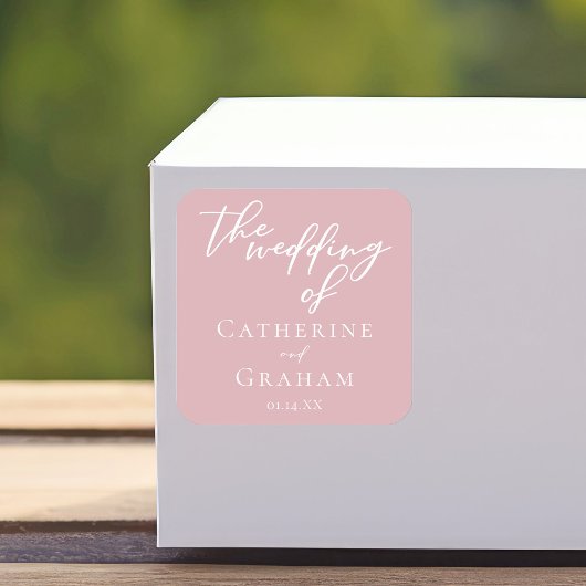 Stofróze roze vrouwelijke typografie trouwdag vierkante sticker