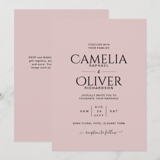 Stofróze typografie alleen trouwkaart kaart (Voorkant / Achterkant)