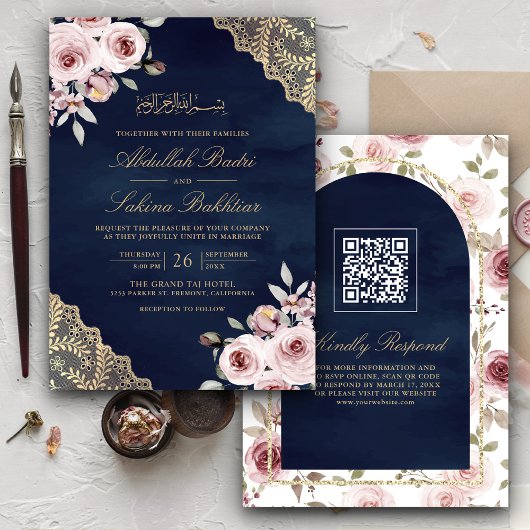 Stofrozen Rozen Gouden Kant QR Code Marine Moslim Kaart