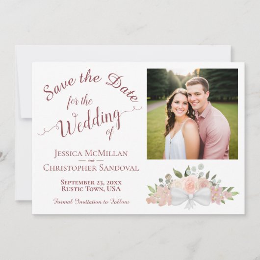 Stofruize Roze Bloem Calligrafie Foto Bruiloft Save The Date (Voorkant)