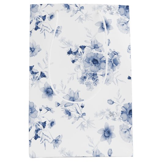 Stofzachte Blauwe Bloemencadeautas Medium Cadeauzakje (Voorkant)