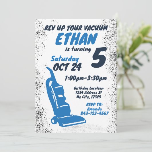 Stofzuiger verjaardagsuitnodiging BLUE Kaart (Staand voorkant)