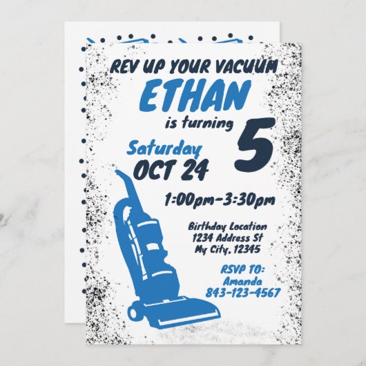 Stofzuiger verjaardagsuitnodiging BLUE Kaart (Voorkant / Achterkant)