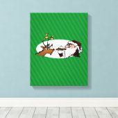 Stogie Santa en Reindeer op groene strepen Canvas Afdruk (Insitu (Houten vloer))