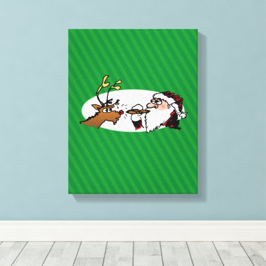 Stogie Santa en Reindeer op groene strepen Canvas Afdruk (Insitu (Houten vloer))