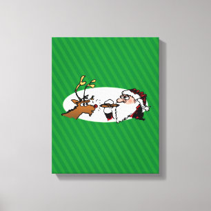 Stogie Santa en Reindeer op groene strepen Canvas Afdruk