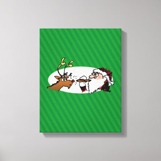 Stogie Santa en Reindeer op groene strepen Canvas Afdruk (Voorkant)