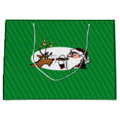Stogie Santa en Reindeer op groene strepen Groot Large Cadeautasje (Voorkant)