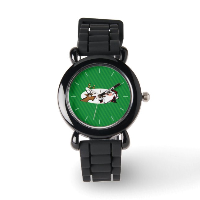 Stogie Santa en Reindeer op groene strepen Horloge (Voorkant)