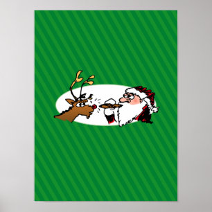 Stogie Santa en Reindeer op groene strepen Poster