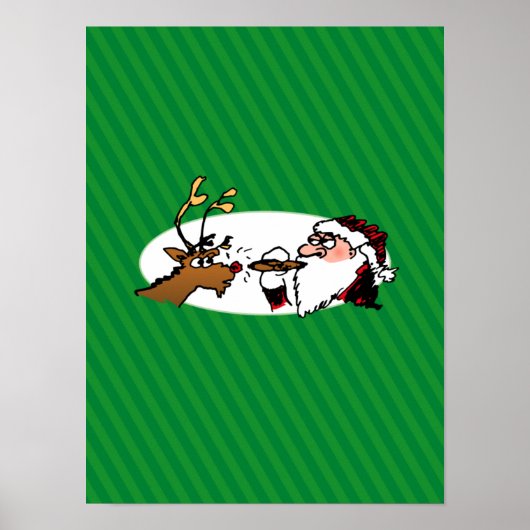 Stogie Santa en Reindeer op groene strepen Poster (Voorkant)
