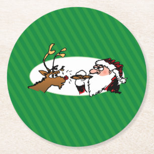 Stogie Santa en Reindeer op groene strepen Ronde Kartonnen Onderzetter