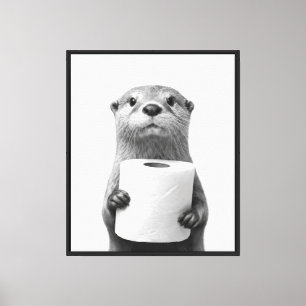 Stoïsche Otter met Toiletpapierrol Zwart Wit Canvas Afdruk