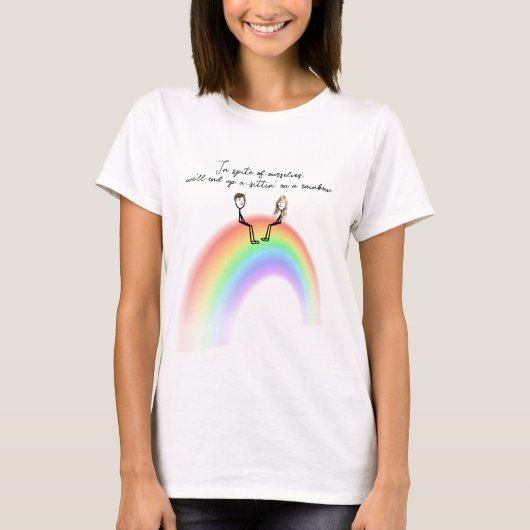 Stok figuur paar zitten op een regenboog t-shirt (Voorkant)