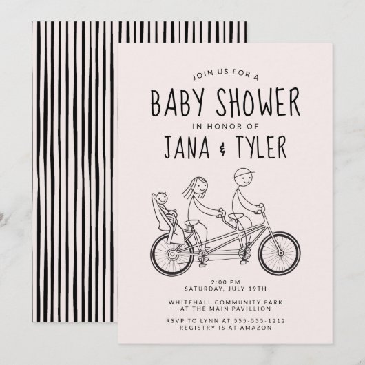 Stokfiguren op tandem met babyzitje  kaart (Voorkant / Achterkant)