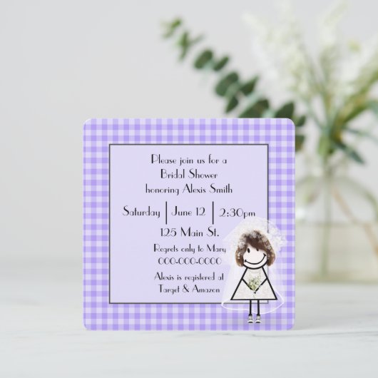 Stokfiguur Bruid Op Paarse Gingham Kaart (Staand voorkant)