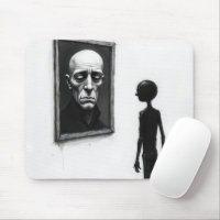 Stokfiguur die naar portret van kale man staart