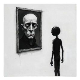 Stokfiguur die naar portret van kale man staart perfect poster