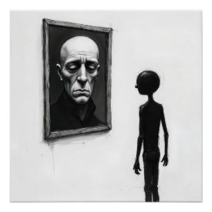 Stokfiguur die naar portret van kale man staart perfect poster
