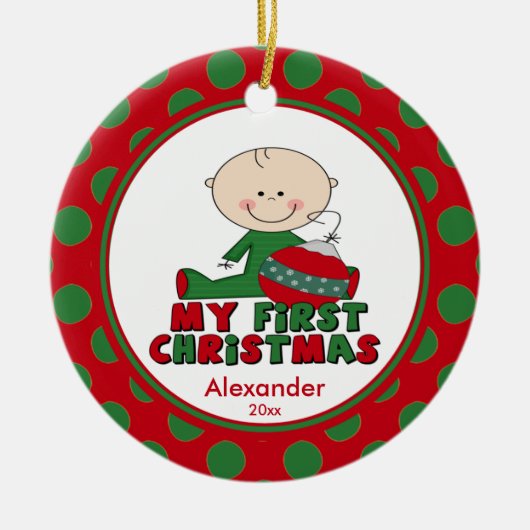 Stokfiguur Jongen Baby's Eerste Kerstbal Keramisch Ornament (Voorkant)