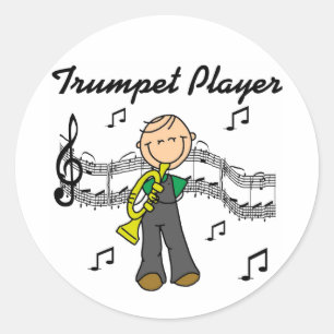 Stokfiguur Man T-shirts met Trompetspeler en Cadea Ronde Sticker