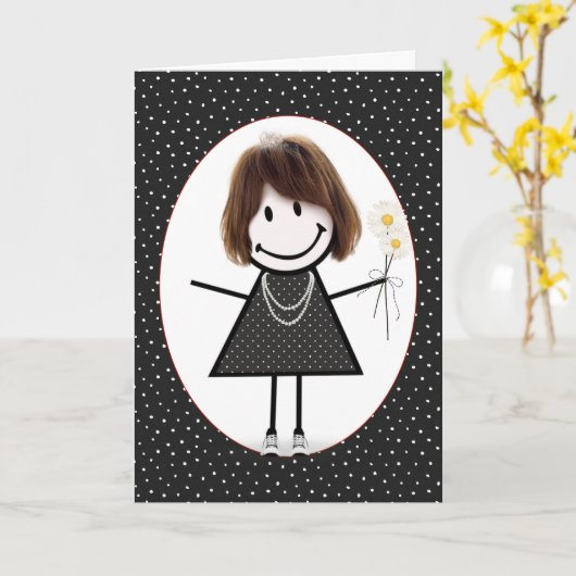 Stokfiguur meisje met margrieten op verjaardag   kaart (Gele Bloem)