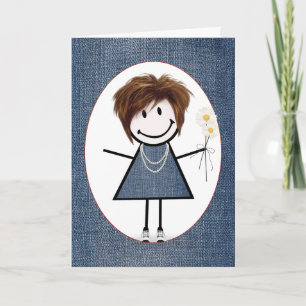 Stokfiguur meisje met verjaardag en madeliefjes kaart