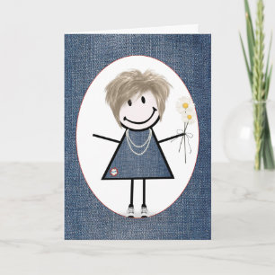Stokfiguur meisje met verjaardag en madeliefjes   kaart