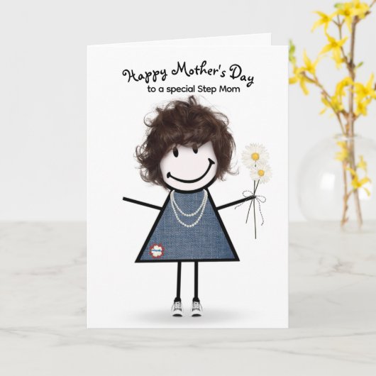 Stokfiguur meisje Moederdag voor stiefmoeder Kaart (Gele Bloem)