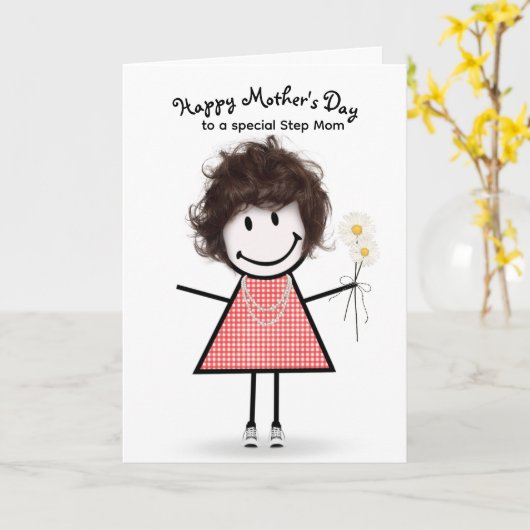 Stokfiguur meisje Moederdag voor stiefmoeder Kaart (Gele Bloem)