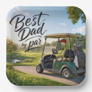 Stokfiguur Papa Golfer in een Golfkar Papieren Bordje