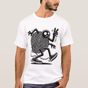 Stokfiguur verward in garen, humoristisch en eigen t-shirt