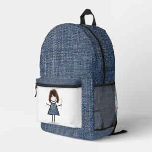 Stokfiguurmeisje met madeliefjes en blauwe denim bedrukte rugzak