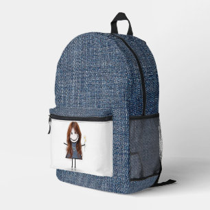Stokfiguurmeisje met madeliefjes en blauwe denim bedrukte rugzak