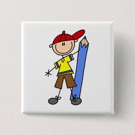 Stokjongen Met Potlood Vierkante Button 5,1 Cm (Voorkant)
