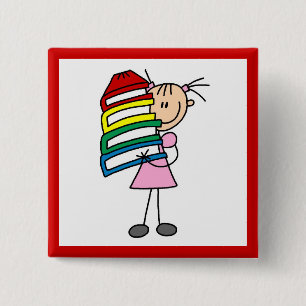 Stokpoppetje Met Boeken Vierkante Button 5,1 Cm