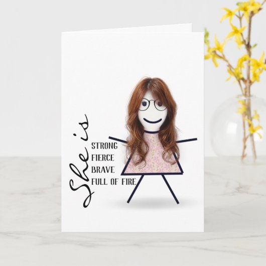 Stokpoppetje met haar voor zus kaart (Gele Bloem)