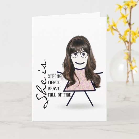 Stokpoppetje met lang haar voor zus kaart (Gele Bloem)