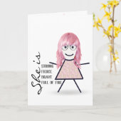 Stokpoppetje met roze haar voor mama kaart (Gele Bloem)